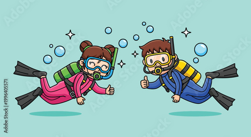 Happy Couple Scuba Diving Underwater Adventure.