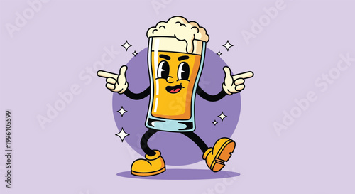 Retro Rubber Hose Style Cartoon Character of a Glass of Beer with Foam.