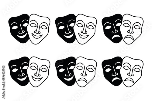 Theater masks display contrasting emotions for performance.