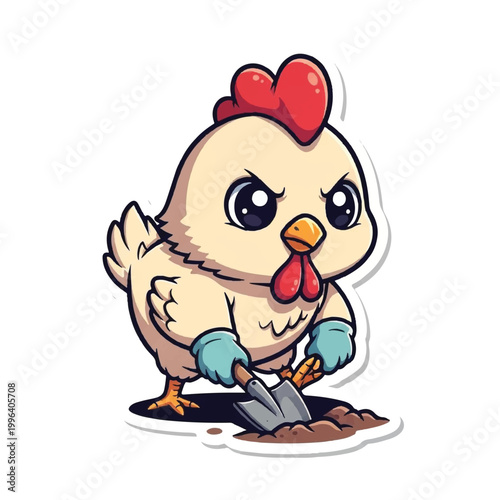 Cartoon chicken with gardening glove.