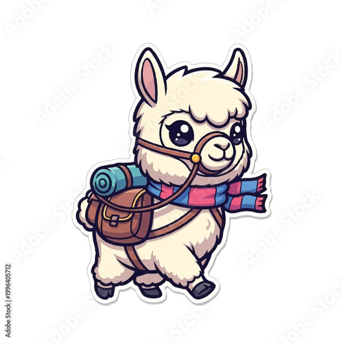 Cute cartoon llama with backpack.
