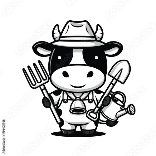 Cartoon cow in farmer clothing.