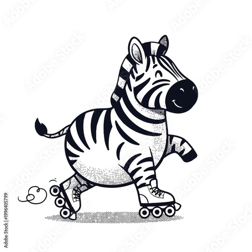 Zebra wearing roller skates smiling.