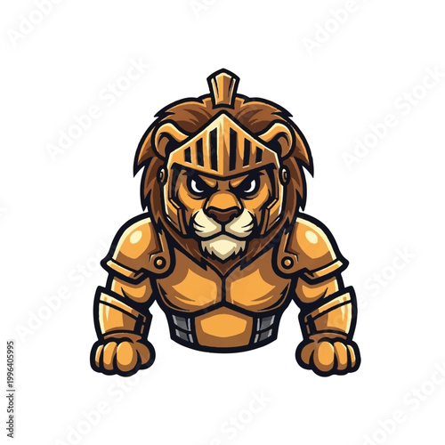 Cartoon lion wearing armor costume.
