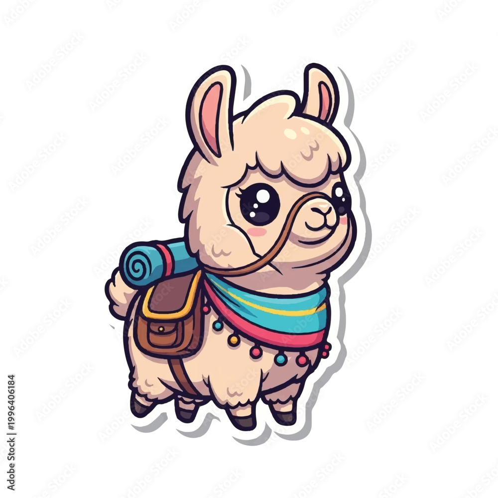 Obraz premium Cartoon Llama with Backpack and Scarf.