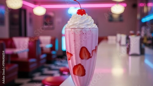 Milkshake with strawberries and whipped cream in a diner setting