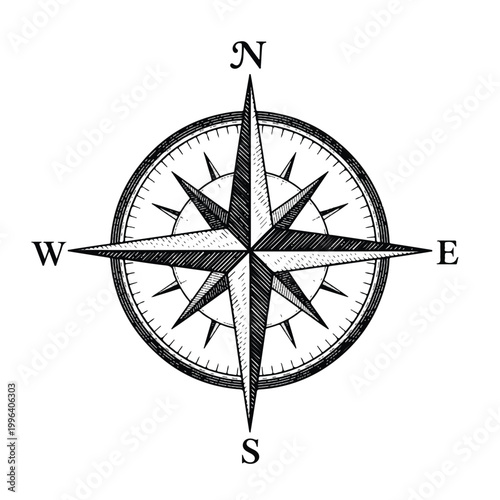 Black and white vintage compass rose.