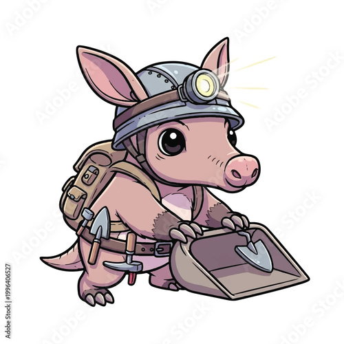 Cartoon armadillo wearing miner helmet.