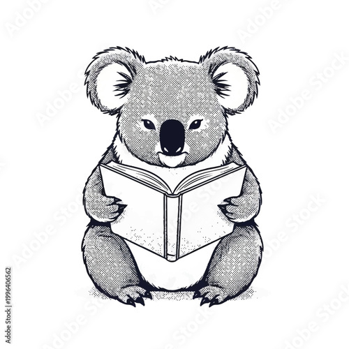 Koala reading a book sitting down.