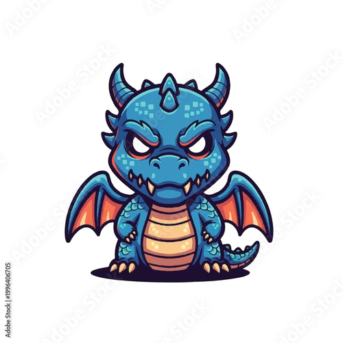 Blue cartoon dragon with orange wings.