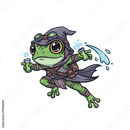 Green frog wearing a hooded cloak.