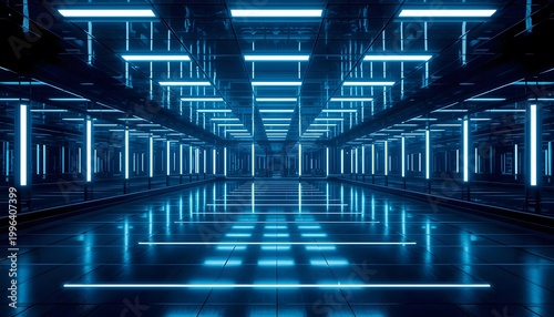 Futuristic corridor with neon blue lights reflecting on shiny floor in dark room with high tech ambiance and minimalist architecture