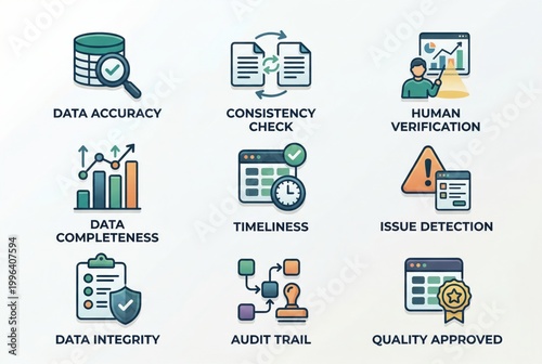 Comprehensive quality assurance process illustrating data accuracy, integrity, completeness, and timeliness with visual elements of human verification and issue detection strengthened through
