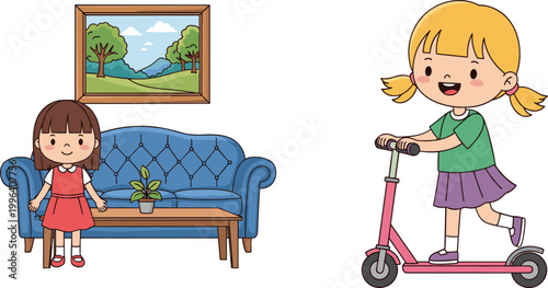Cartoon girl sitting in living room and child riding scooter illustration set, home lifestyle and outdoor activity vector collection design