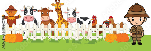 Cartoon farm animals behind fence with farmer and scarecrow illustration set, agriculture and rural lifestyle themed vector collection design