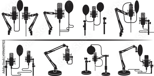 Audio Studio Microphone Setups Concept Collection for Podcasting and Broadcasting Illustrations