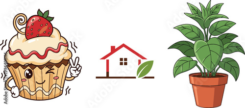 Cute cupcake character, eco house icon and potted plant illustration set, dessert, sustainability and home decor themed vector collection design
