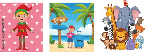 Canvas Print Cartoon Christmas elf, beach travel scene and wild animals group illustration se