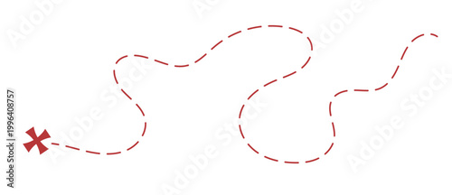 Treasure map element. A dashed line and red X mark ink on the map, the treasure map with a dotted line, X marks the spot, dashed line trail to an X on the left