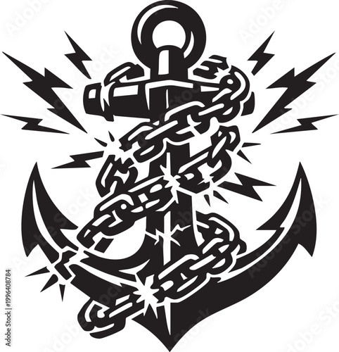 Bold silhouette of vintage anchor with cracked lightning chains