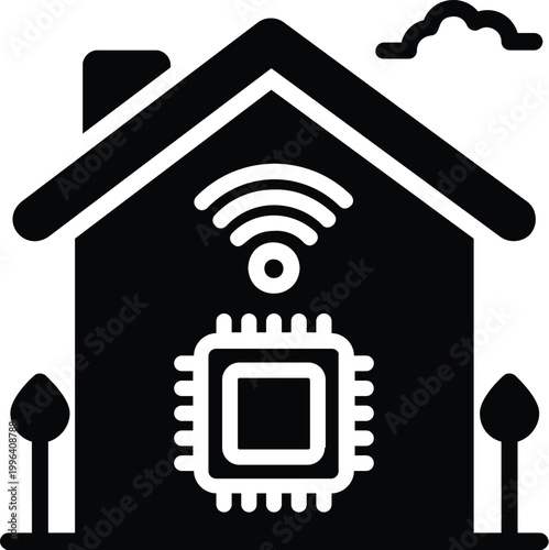 Smart home automation icon, house with microchip and wifi signal symbol, intelligent building technology vector, black and white residential iot concept