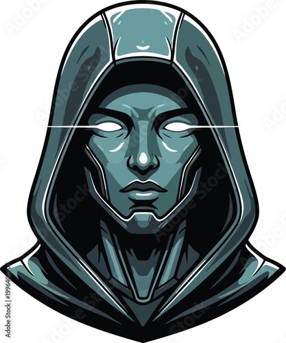 cyberpunk character with glowing eyes in hooded mask