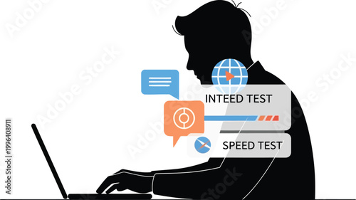 man using laptop with internet speed test graphics