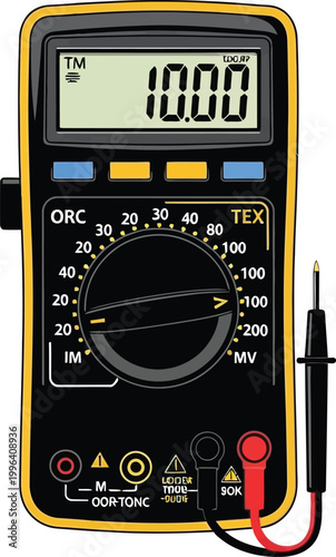 Multimeter with digital display showing 10.00 volts on screen