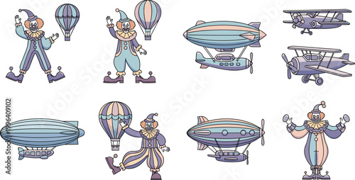 Vintage circus clowns and airships illustration set, retro aviation and carnival characters including hot air balloons, blimps, and biplanes in flat vector style