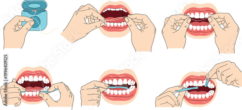 Step by step dental flossing guide illustration, proper oral hygiene technique with hands cleaning teeth in educational flat vector style design