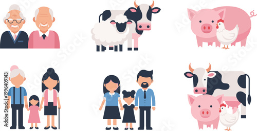 Family generations and farm animals illustration set, people and livestock characters including cow, sheep, pig, and chicken in flat cartoon vector style design