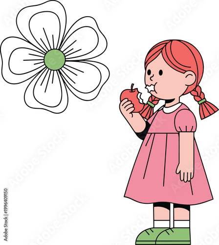 Little girl smelling flower illustration, child enjoying nature and spring moment with blossom in simple cute flat cartoon vector style design