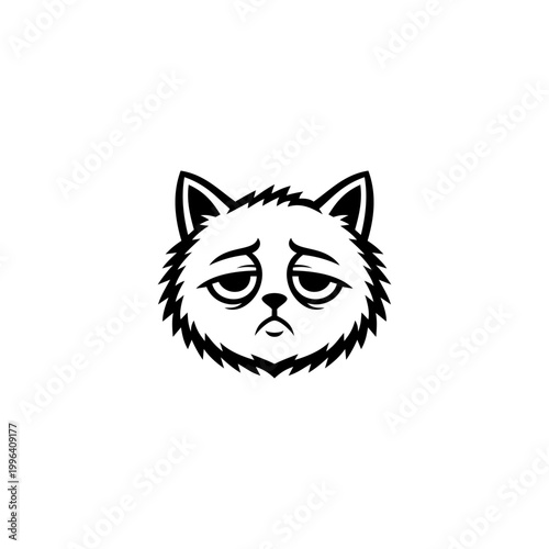 Black and white vector illustration of a sad cat face with droopy eyes and expressive features, minimal flat design style, isolated on white background