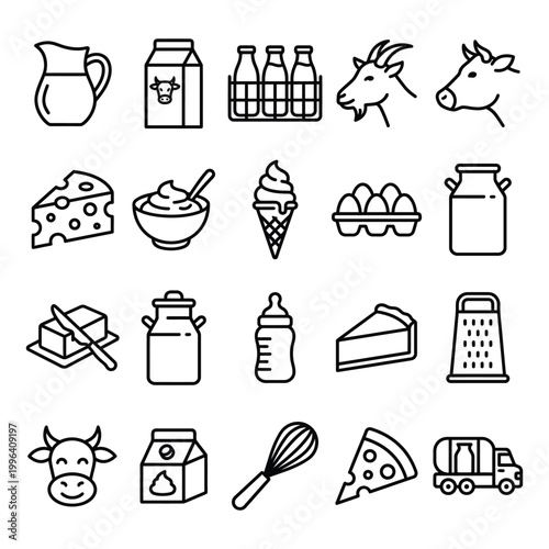 Dairy products and farm animals icons with ice cream nutrition delivery illustration collection minimalist