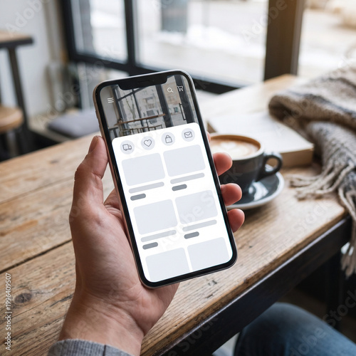 Online shopping on smartphone in cafe with coffee