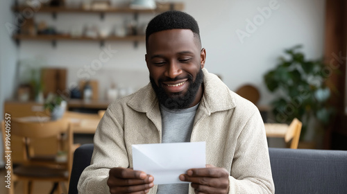 A smiling Black man sits on a couch, joyfully holding and reading a white envelope with good news.