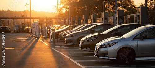 A row of electric Nissan Leafs are parked at a charging station bathed in the warm glow of the setting sun, symbolizing the shift towards sustainable transportation.