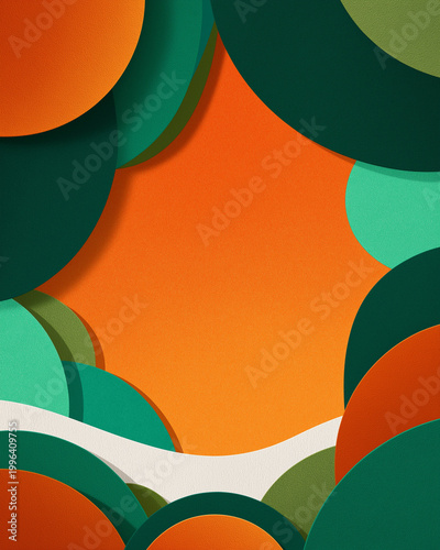 Abstract background with vibrant orange and green circular paper cutouts creating a dynamic and layered visual effect.