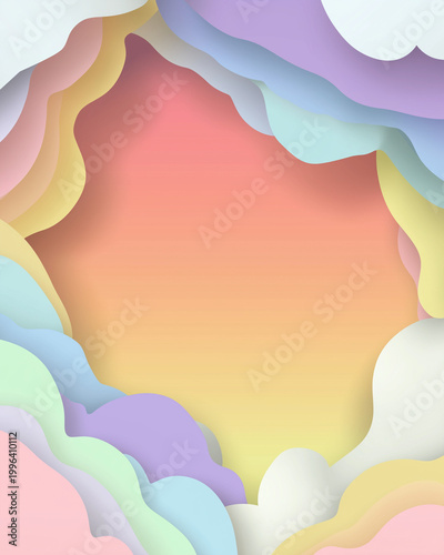A colorful, abstract frame of wavy cloud-like shapes surrounds a warm gradient of pink, yellow, and orange.