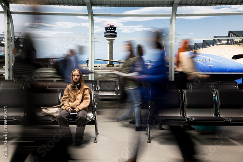 Fotografía Girl sitting on bench in airport international transport hub surrounded by blurry silhouettes of people walking