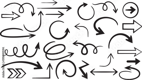 Directional Doodles: A collection of various arrows, each pointing in different directions. This graphic resource is perfect for visual storytelling, emphasizing direction and movement.Hand drawn  png