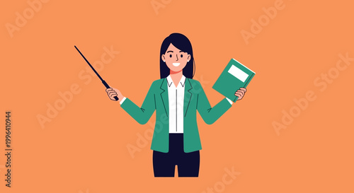 Illustration of a female teacher holding a pointer and book.