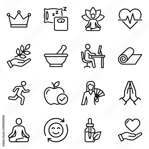 Set of 16 health and wellness icons for lifestyle and self care with sleep aid wellness meditation heartbeat