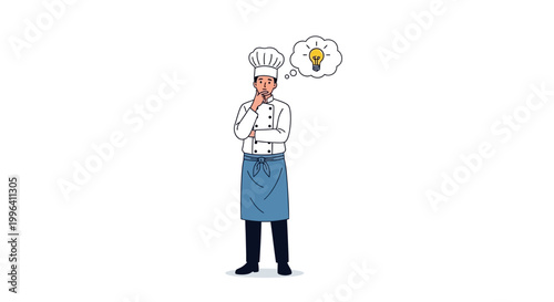 Chef Thinking About New Culinary Ideas With Lightbulb Above Head.