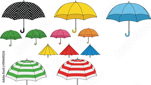 Modern umbrella vector illustration set with solid colors, polka dot and striped designs, rain protection accessories collection
