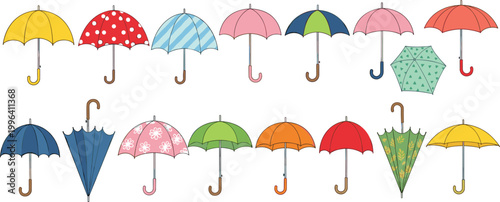 Cute colorful umbrella vector illustration set with polka dot, striped and floral patterns, rainy season accessories collection isolated on white background