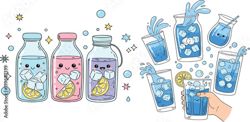 Cute refreshing drinks vector illustration set with lemonade bottles, iced water glasses and splashing beverages, summer hydration collection isolated on white background