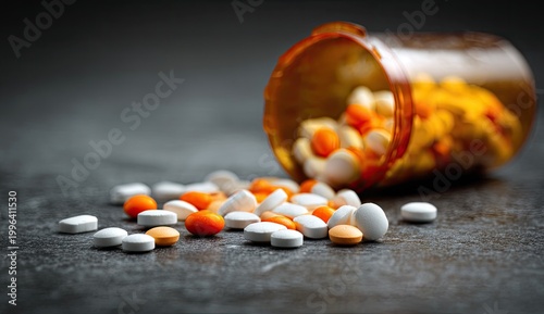 A spilled bottle of prescription pills lies on a dark surface, suggesting potential misuse or accidental overdose.