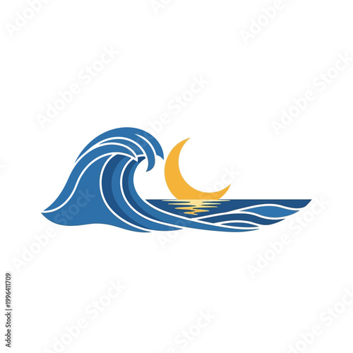Stylized Ocean Wave Under a Crescent Moon.