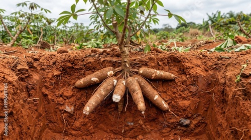 Cassava Plant Roots Exposed in Soil, Agricultural Farming Concept.